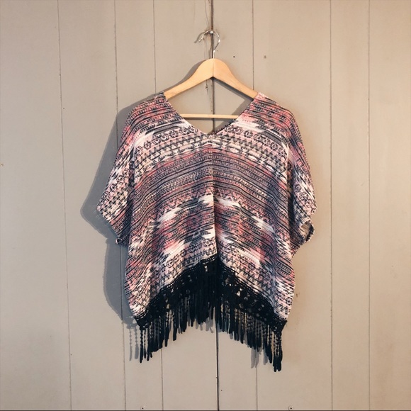 Almost Famous Tops - Tribal Print Fringe Poncho